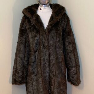 Luxurious Dark Brown Faux Fur Long Coat with Hood